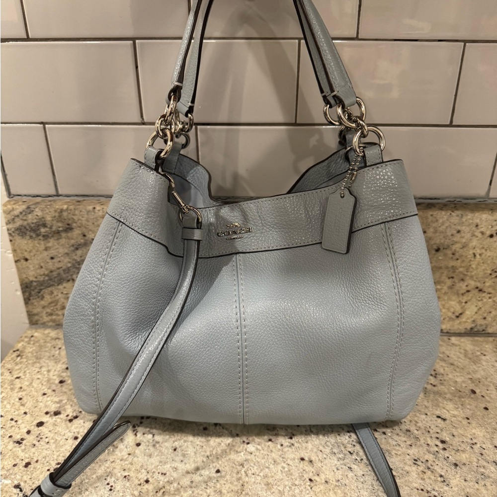 Coach baby blue Leather Tote Bag comes with strap F28992